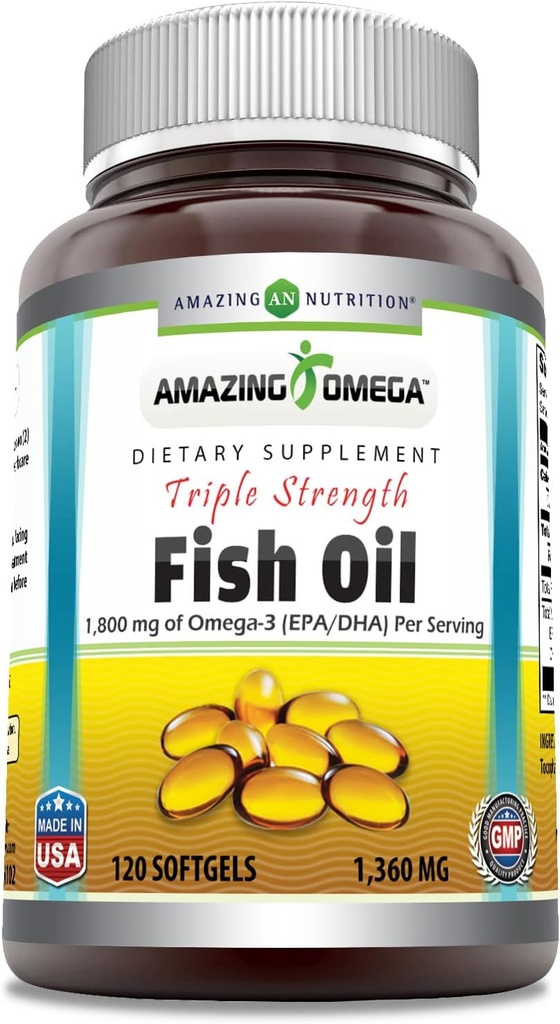 Fantastisk Omega Triple Strength Fish Oil (Omega-3, EPA / DHA) Supplement | 1360 Mg Per Servering | 120 Softgels | Non-GMO | Gluten-Free | Made in USA