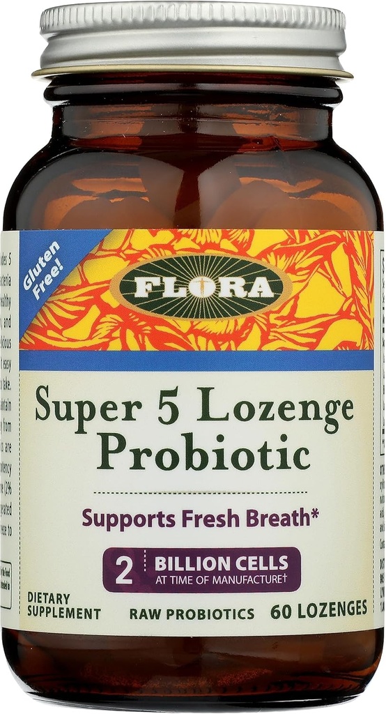 Flora - Super 5 Lozenge Probiootti, Vadelma maustettu suun probiootti, hyvä Bad Breath, Viisi kanta 2 miljardia PMY, Regain ja Retain Gut Health, RAW, 60 Lozenges