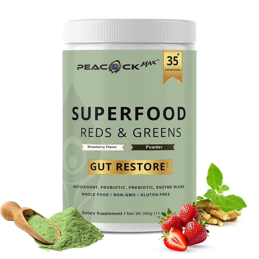 Superfood Reds & Greens Powder - 11.64 oz, Prebiootit & Probiootit for Dgestive Health, Super Greens Powder with Ashwagandha for Gut Health, Immuniteetti, antioksidantit, Vegan, ei-GMO