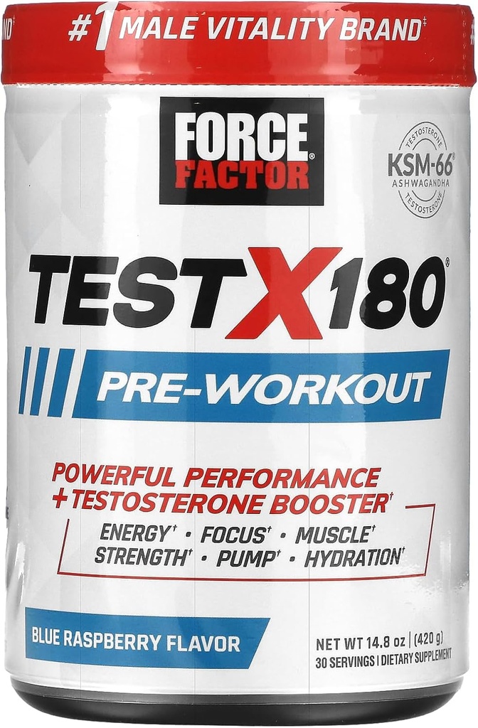 FORCE FACTOR Test X180 Pre-Workout Powder & Energy Supplement, Boost Focus & Endurance, Build Muscle & Strength, Nitric Oxide Supplement med Ashwagandaha & L-Citrulline, Blue Raspberry, 30 Servings