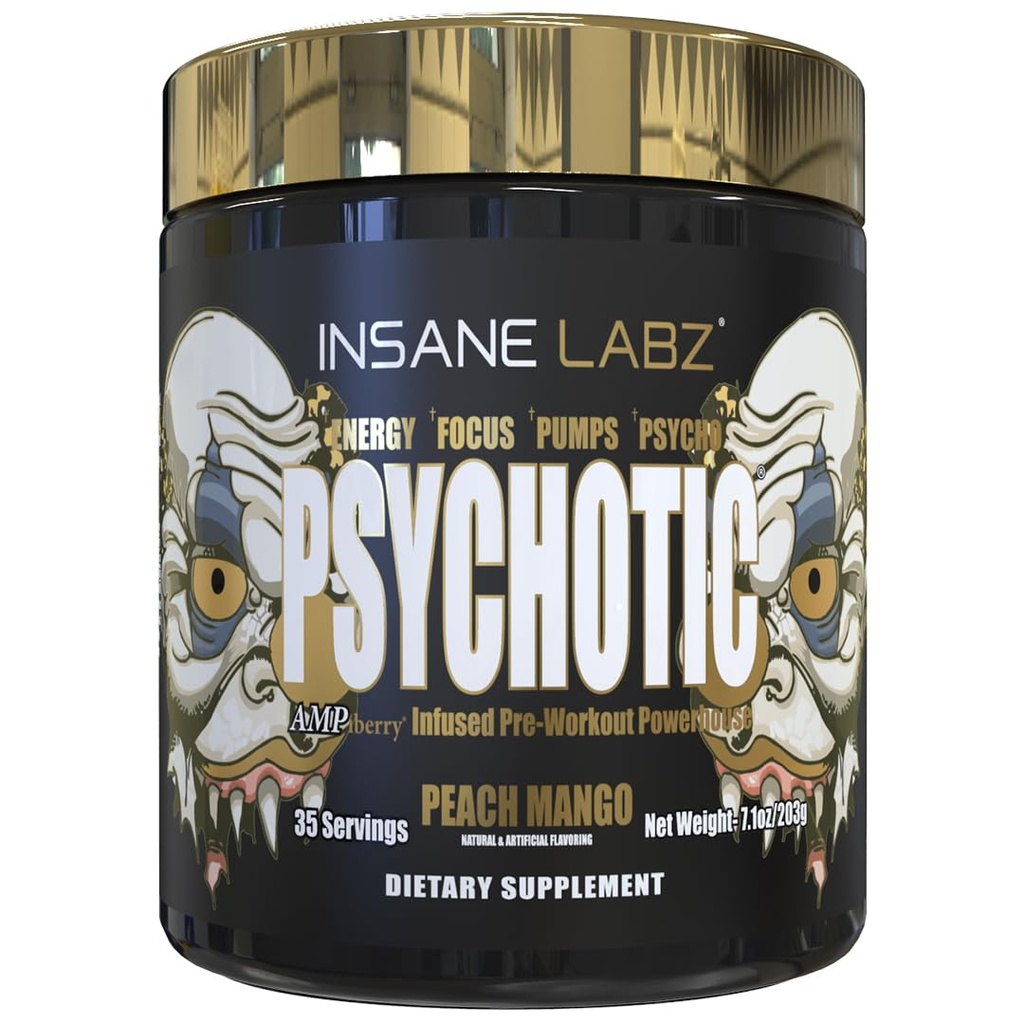 Insane Labz Psychotic Gold, High Stimulant Pre Workout Powder, Extreme varaktig energi, pumpar och uthållighet med Beta Alanine, DMAE Bitartrate, NO Booster (35 portioner, Peach Mango)