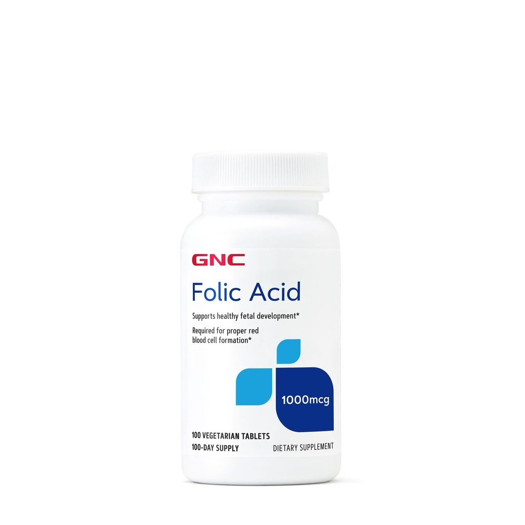 GNC Folic Acid 1000mcg, Stöder Hälsosam Fetal Development, Krävs för Korrekt Röd Blod Cell Formation, Vegetarisk Formel, 100 Räkna