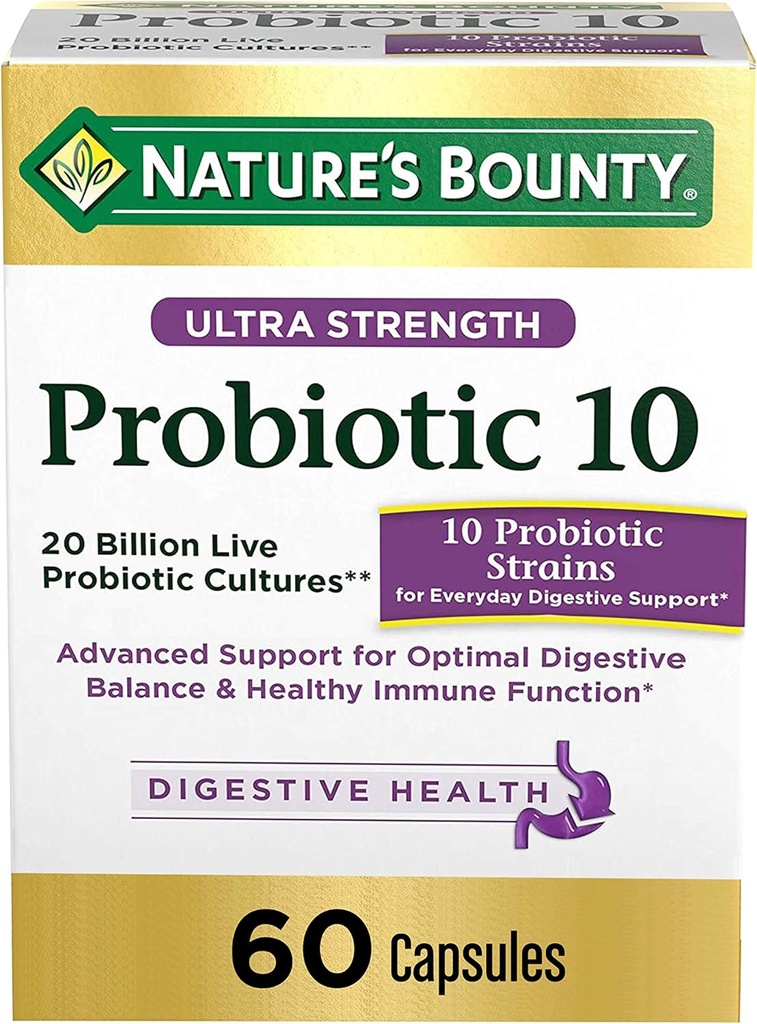 Probiootit Nature's Bounty, Ultra Strength Probiootti 10, Immuunin terveys ja ruoansulatustasapaino, 60 kapselia