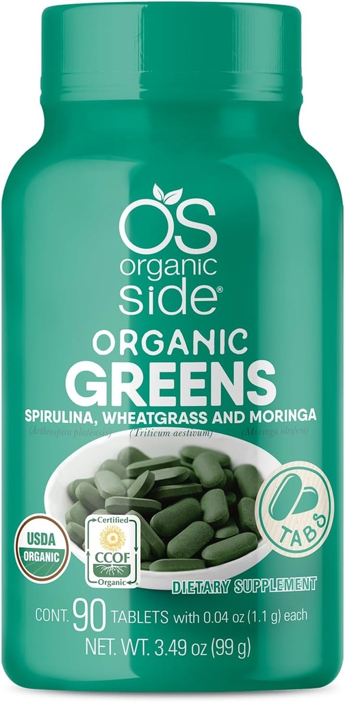 Organic Greens (Spirulina, Wheatgrass & Moringa) 90 tablettia - runsaasti vitamiineja ja kivennäisaineita - Super Greens 1100 mg - Certified USDA - Non GMO - Vegan