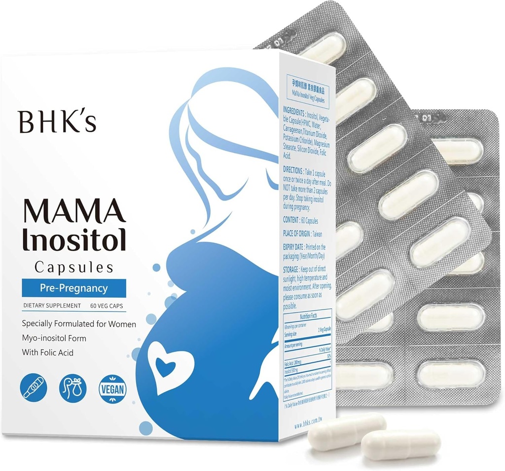 BHKs Pre-Pregnancy Fertility Supplement, Hormonal Balance & Healthy Ovarian Function Support för kvinnor, reguljära cykler med Inositol, 60 kapslar