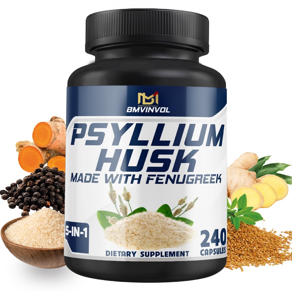 BMVINVOL Psyllium Husk kapselit Kuitu täydentää kanssa Sarviapila, Turmeeric, Inkivääri, Musta Pippuri - Tuki Ruoansulatuskanavan, suoliston terveys - 240 Count varten 4 kuukauden tarjonta