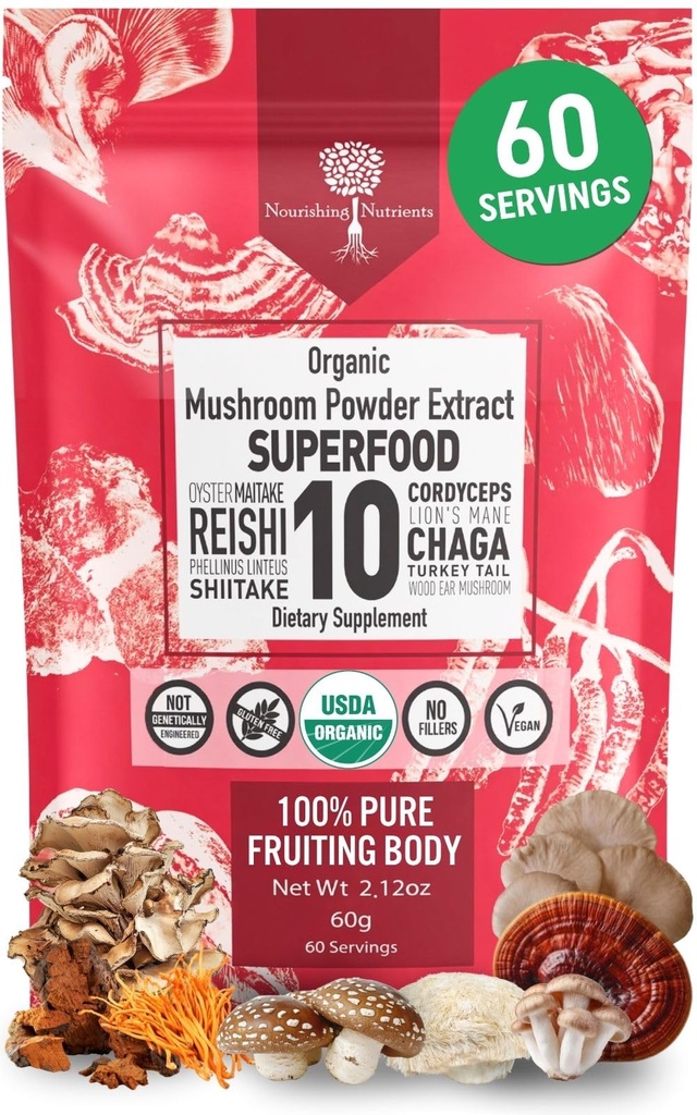 Organic Mushroom Powder Extract - Superfood 10 Täydennys 14x Vahvempi 100% Pure USDA Immuniteetti Booster- Reishi, Chaga, Cordyceps, Shiitake, Lions Mane, Turkki Tail ja enemmän. Lisää kahviin/tee 60 grammaa