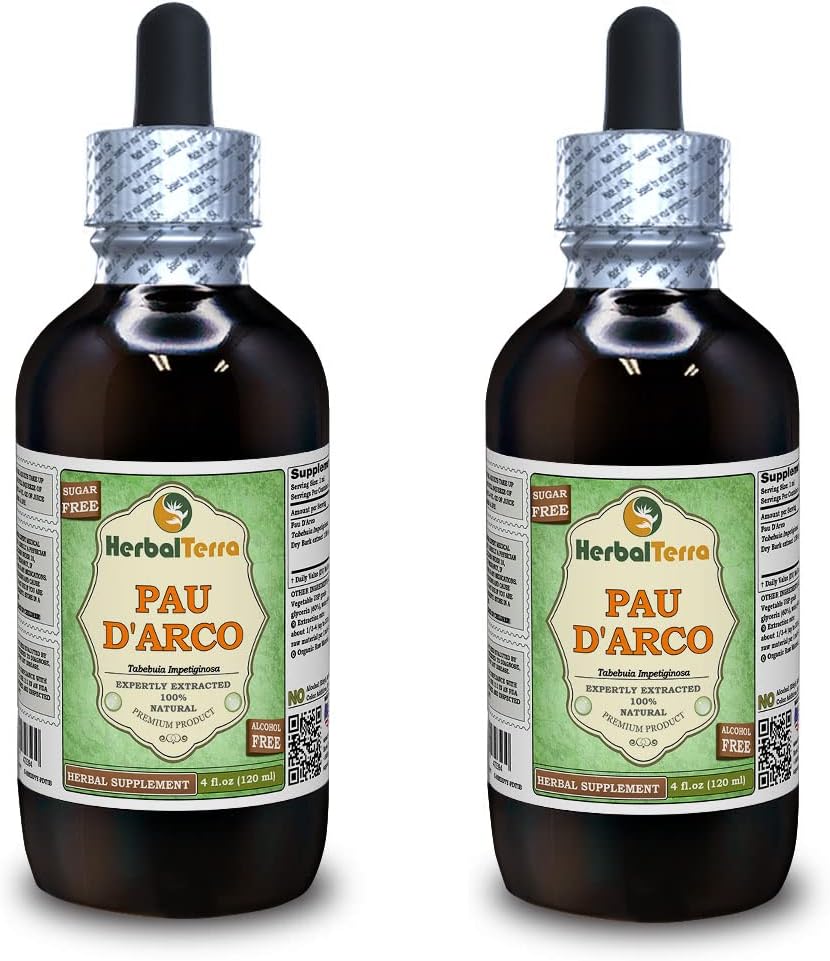 PAU d'arco (Tabebuia Impetiginosa) Glyseriitti, kuivattu Bark alkoholiton nesteuute (Brand name: HerbalTerra, Proudly Made in USA) 2x4 fl.oz (2x120 ml)