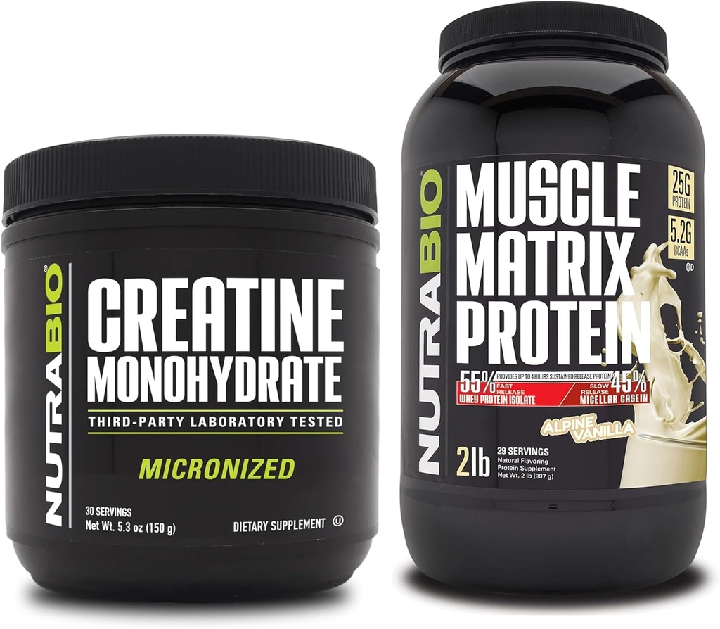 NutraBio Creatiini Monohydraatti, makua sisältämätön, (150 g) ja lihasmatrix proteiinijauhe, (Vanilla) täydennysosa Bundle Lihasenergia, suurin kasvu, elpyminen, ja vahvuus