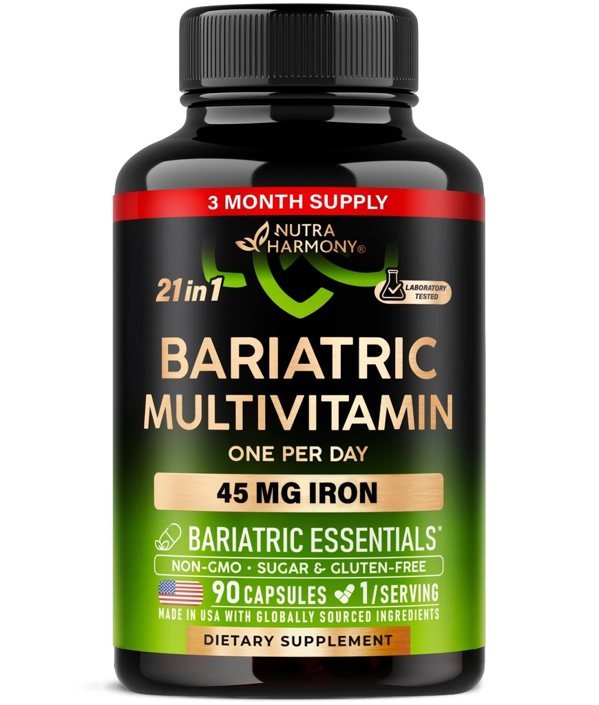 Bariatric Multivitamiini - 45 mg Iron Supplements - Made in USA - Naisten ja miesten - All-in-One, 21 Essential Vitamiineja - Mahalaukun hihatuki - Sokeriton, Gluteeniton ja soijaton - 90 kapselia, kerran päivässä