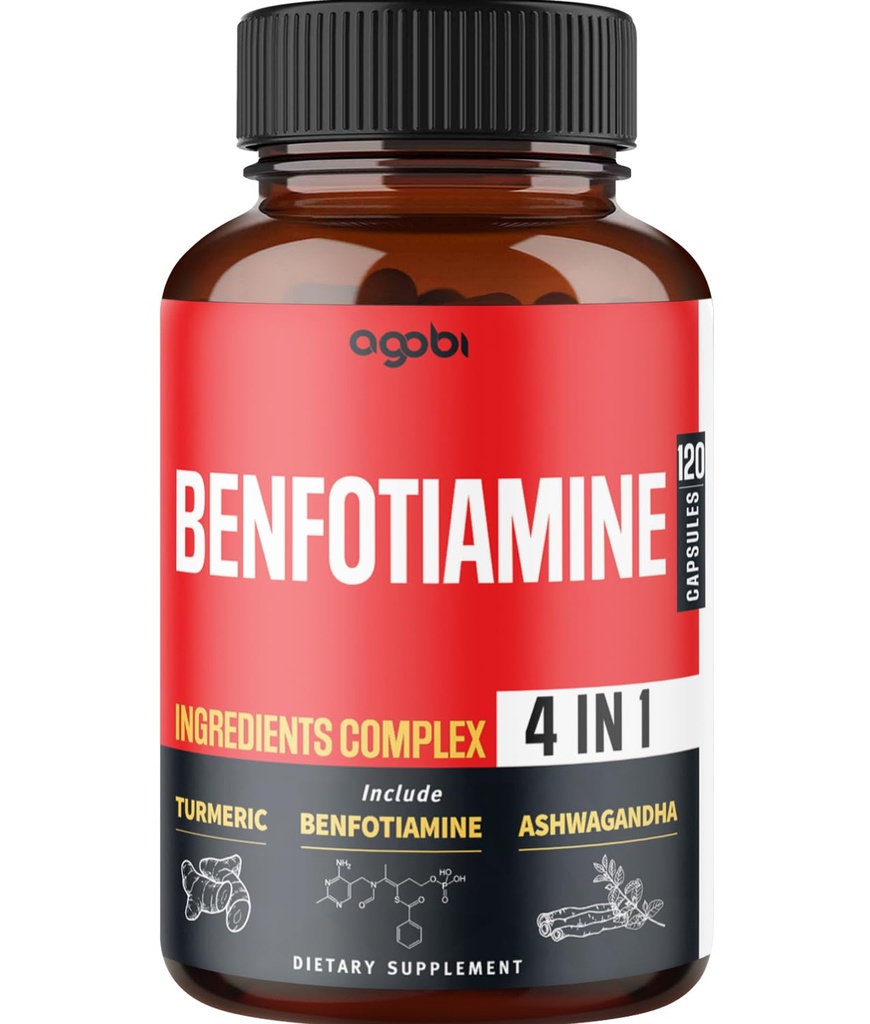 agobi 4in1 Benfotiamiini Supplement - 2 kuukautta digestiota, energian tuotantoa ja immuuni - Plus Turmeric Curcumin Root, Ashwagandha Root & Organic Gymnema Sylvestre - 120 kapselia