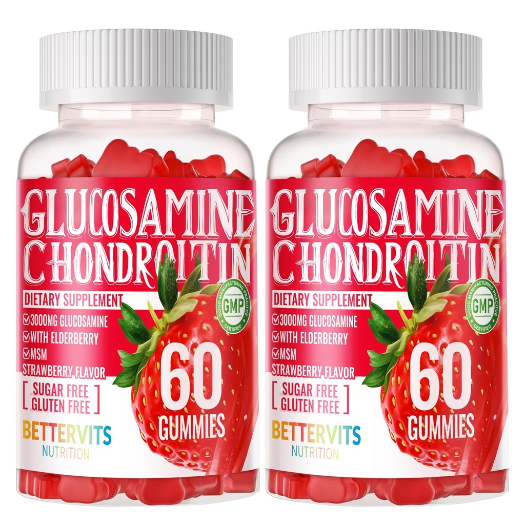 Glukosamiini Chondroitin Gummies MSM & Elderberry Extra Strength - Joint Support, antioksidantti Immuuni tuki täydentää aikuisille, miehet & naiset. 120 Mansikkamakkarat