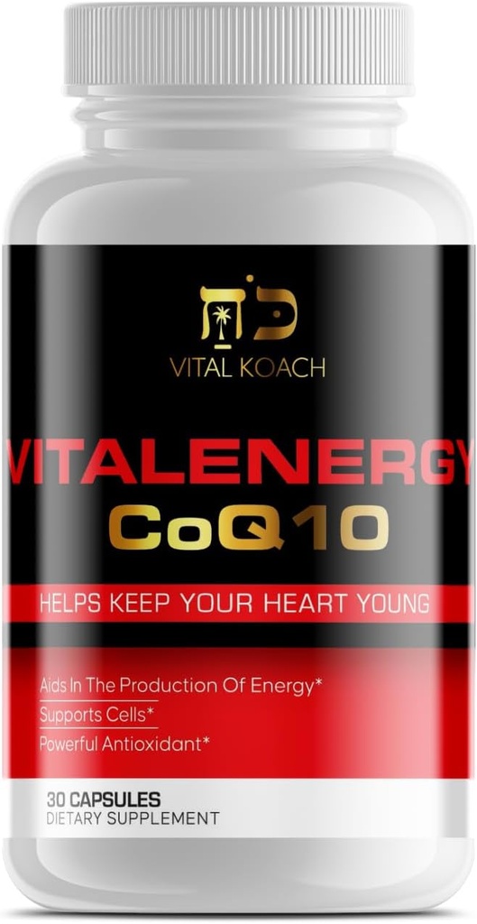 Vitalenergy CoQ10 Ubikinone 200mg, 30 kapselia, tukee sydän- ja verisuoniterveyttä, solujen energiantuotantoa ja antioksidantti, valkoinen/punainen/musta
