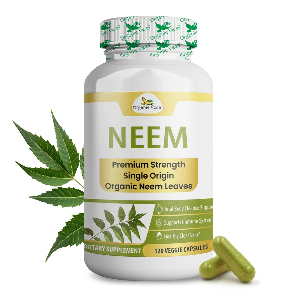Luomu Veda Neem kapselit, 1000 mg - Luomu kasviperäisten täydentää Valmistettu Ayurvedic Intia Neem Leaf Powder - Tukee Radiant iho, Immuuni, Detox, Terve Inflamatory Response - 120 kasviskapselit