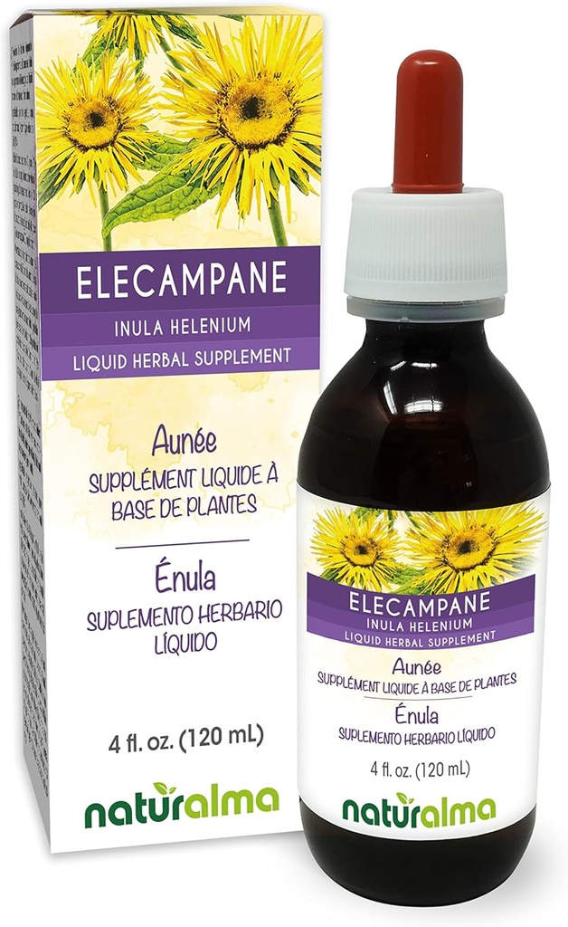Naturalma Elecampane (Inula helenium) juuria Alkoholiton Tincture - 4 fl oz Liquid Extract Drops - Herbal Supplement - Vegan