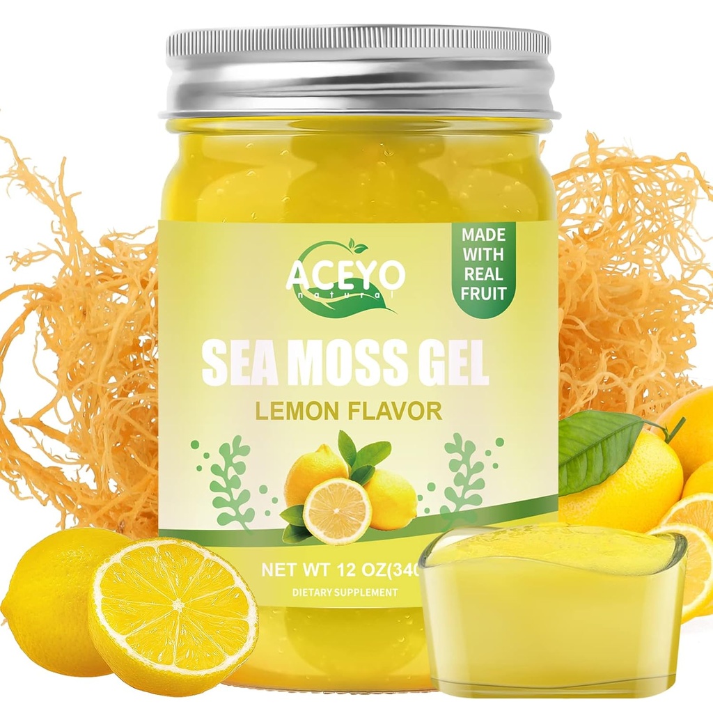 ACEYO (12 OZ) Irish Sea Moss Gel Organic Raw Vegan Lemon Flavor 102 Vitamiineja ja mineraaleja Wild Harvennettu ei- GMO: n immuunipuolustus Booster Kilpirauhasen Ruoansulatuskanavan tuki