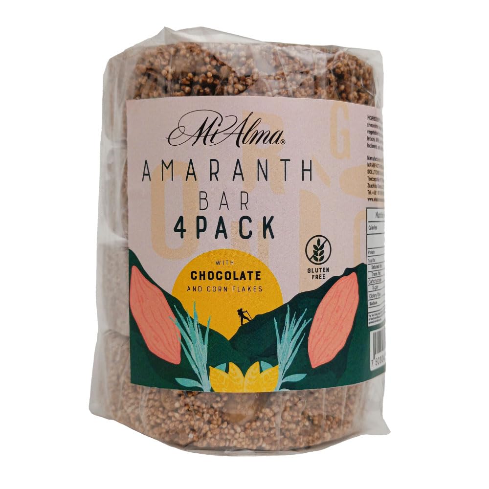 Mi Alma, 4 BAR PACK Amaranth Bar kanssa suklaata ja maissihiutaleita PREMIUM, Barra de Amaranto con Chocolate, Super Food, Gluteeniton, Terve Välipala, 8.4 oz