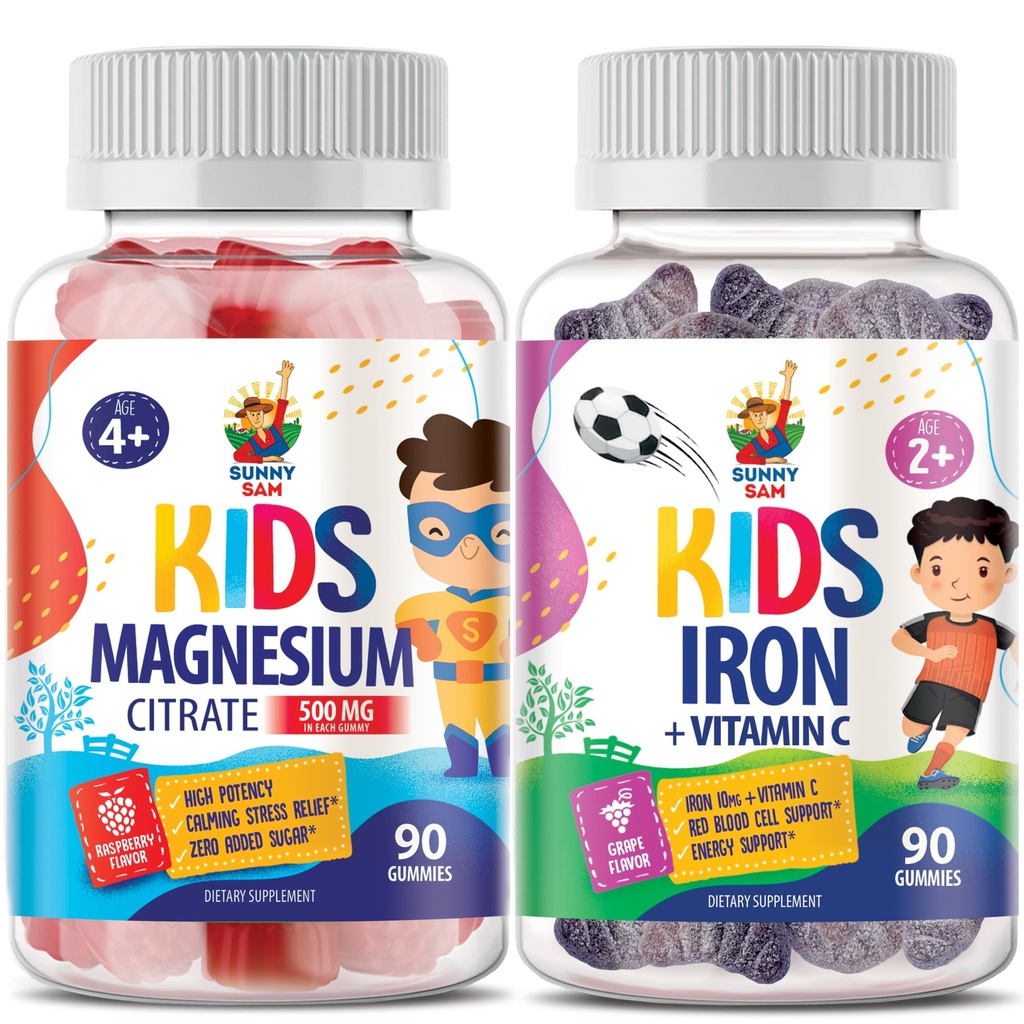 SUNNY SAM Iron Gummies lapsille & Magnesium Gummies lapsille & aikuisille - 500 mg - Rauhallinen Magnesium Chews - Magnesium Citrate Chewable täydentää mielialan ja lihasten tuki