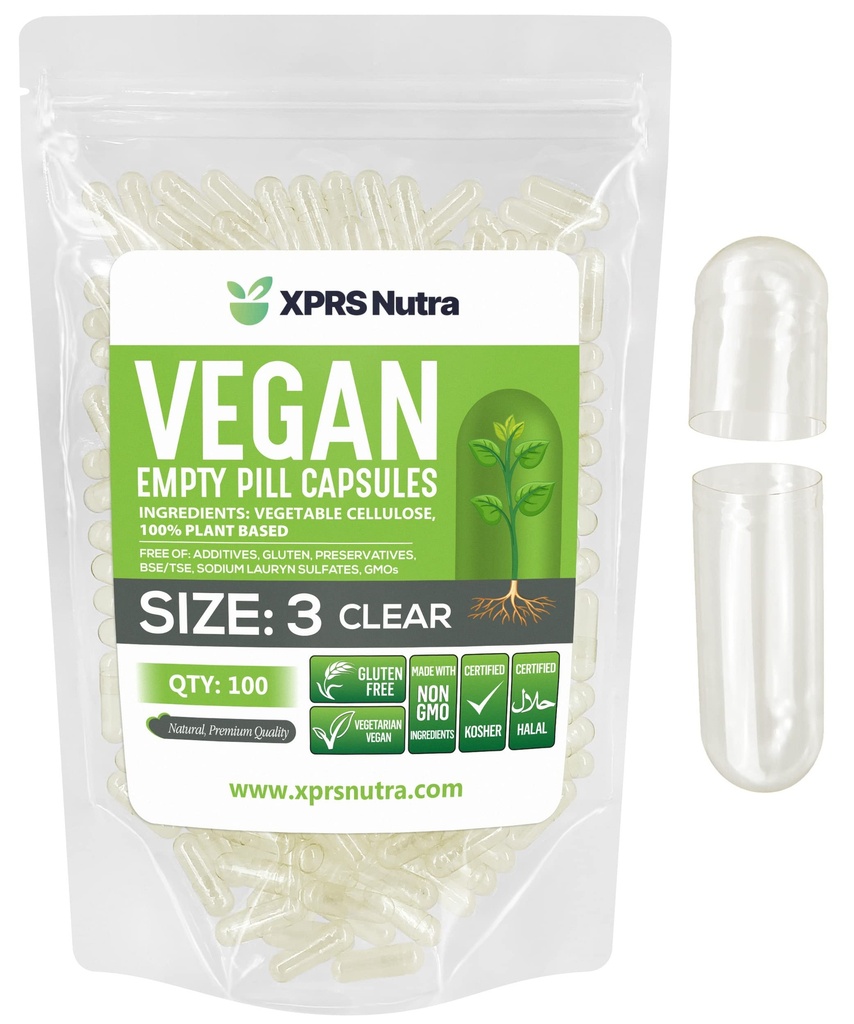 XPRS Nutra Size 3 Empty Capsules - 100 Count Clear Empty Vegan Capsules - Vegetariska piller - DIY Vegetable Capsule Fyllning - Veggie Pill Caps