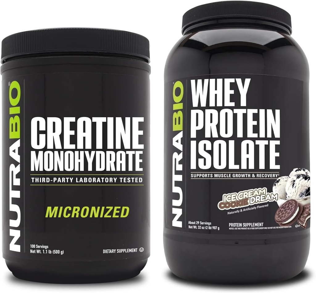 NutraBio Creatiini Monohydraatti, Mautonta, 500g ja Whey Protein Isolate, Ice Cream Cookie Dream, täydennysosa Bundle - Lihasenergia, Lean Lihaksen kasvu, elpyminen, ja vahvuus