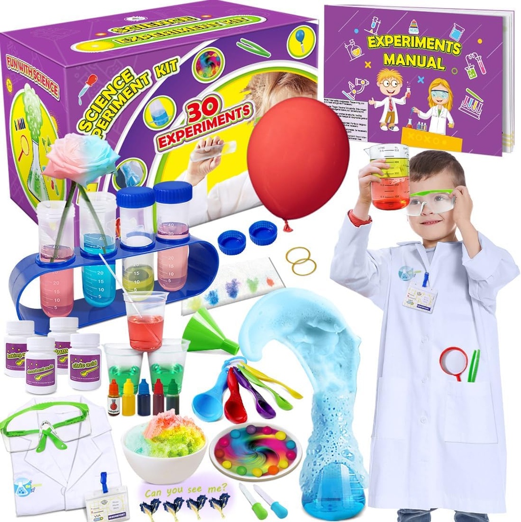 UnGLINGA 30 Kokeilut Tiede Kit lapsille labratakki, Kemia Set STEM Lelut Syntymäpäivälahjat pojille Tytöt, Tiedepuku Rooli Pelaa Työkalut Oppiminen Set