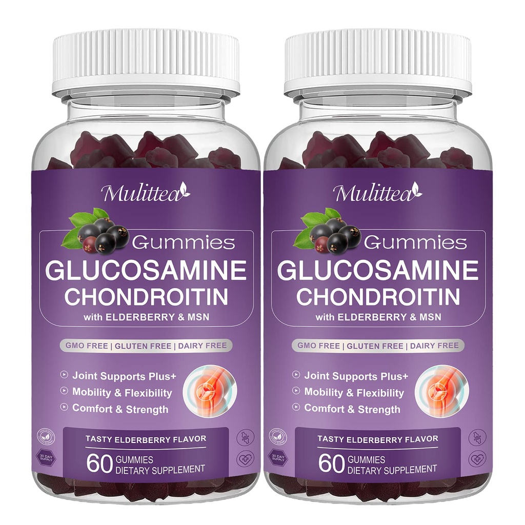 Mulittea Glukosamiini Chondroitin Gummies - Extra Strength Joint Support MSM & Elderberry Natural Joint, antioksidantti Immuuni tuki aikuisille, miehet & naiset-(2 Pack)