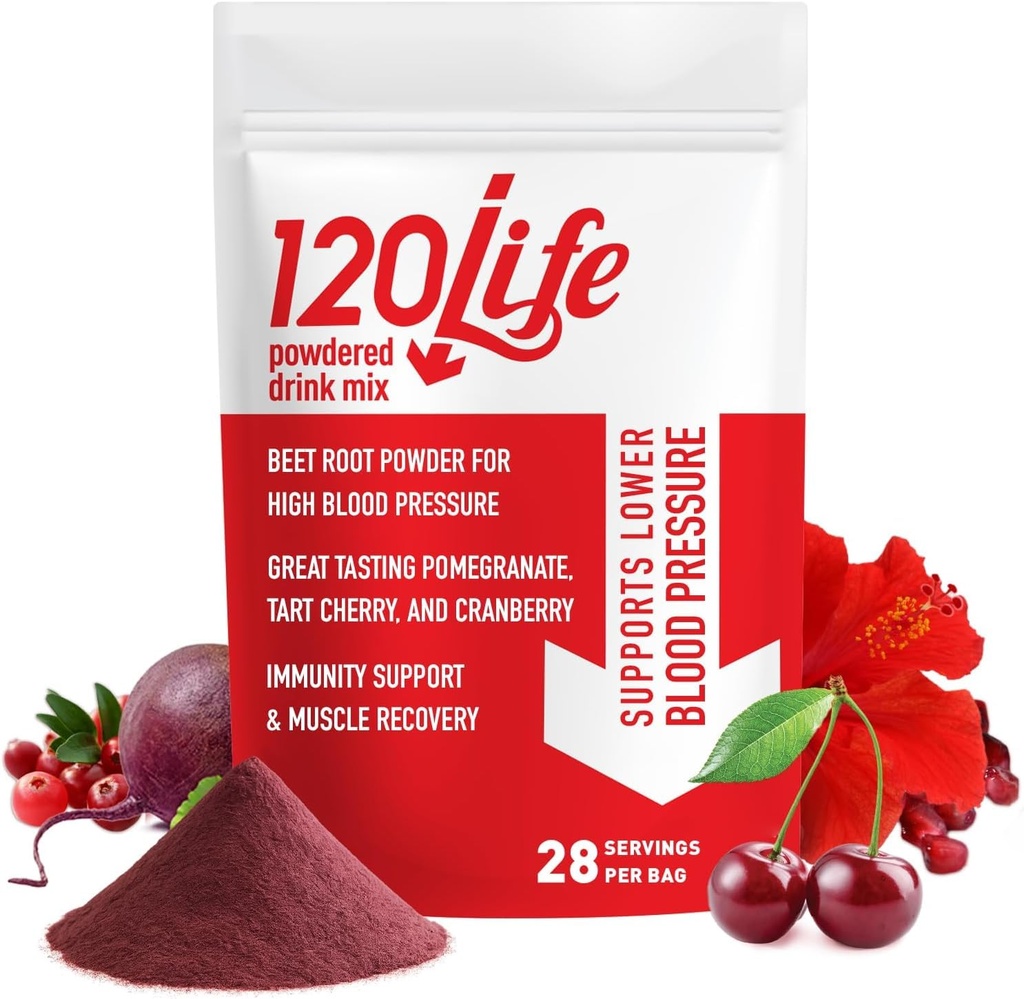 120LIFE Verenpaineen tuki, luonnollinen juurijuurijauhe juoma Mix granaattiomenajauhe, karpalo täydentää, Tart Cherry, Hibiscus, ja magnesium (28 tarjoilua) - Gluteeniton, vegaaninen