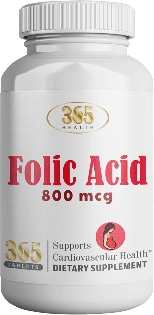 365 Hälsofoliksyra 800mcg (0,8mg) Vitamin B9-365 tabletter Jag stöder kardiovaskulär, väsentlig prenatal och postnatal vitamin, icke-GMO och Vegan