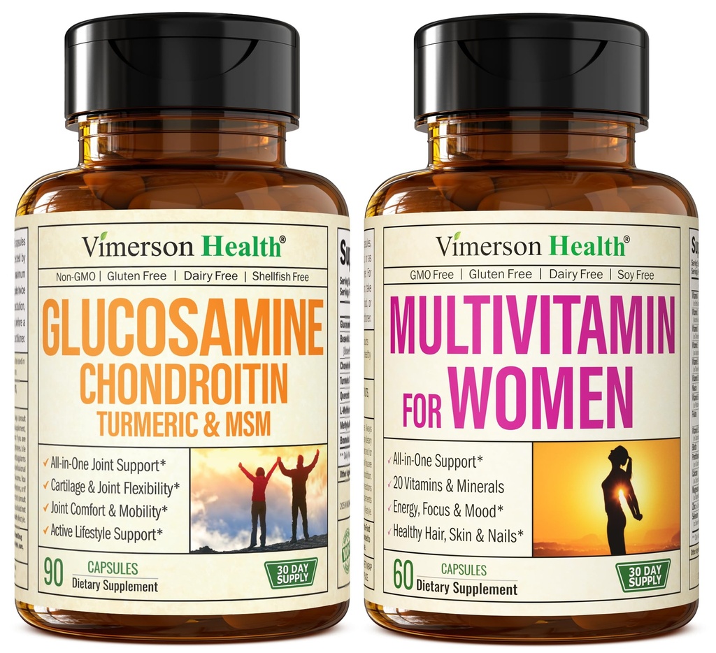 Glukosamiini Chondroitin Turmeric + Multivitamiini naisille 2-Bottle Supplement Bundle hänelle. Terveellinen immuunivaste, yhteinen tuki, antioksidantti ominaisuudet