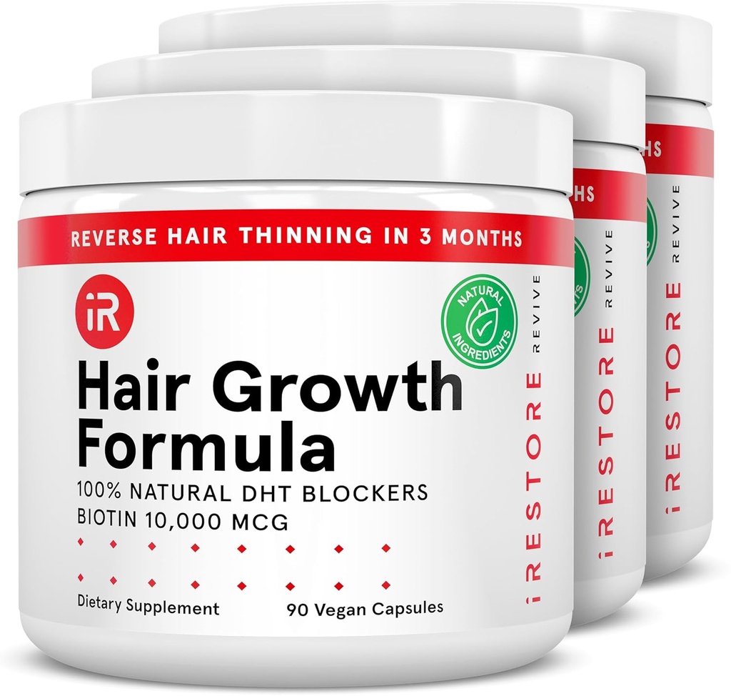 iRestore hiusten kasvu täydentää ...Luonnon DHT Blockers & Multivitamiini Blend... Vegan, ei-GMO, 90 kapselia... tukee tikittäjä, vahvempi hiukset miehille ja naisille... 3-pack