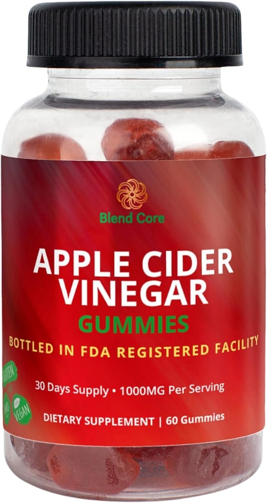 Apple Cider Vinegar Gummies med vitamin B12 - Vegan, Gluten-Free, Non-GMO - Apple & Purple Carrot smaksatt - 1000mg ACV - 60 Gummies, 30-dagars leverans