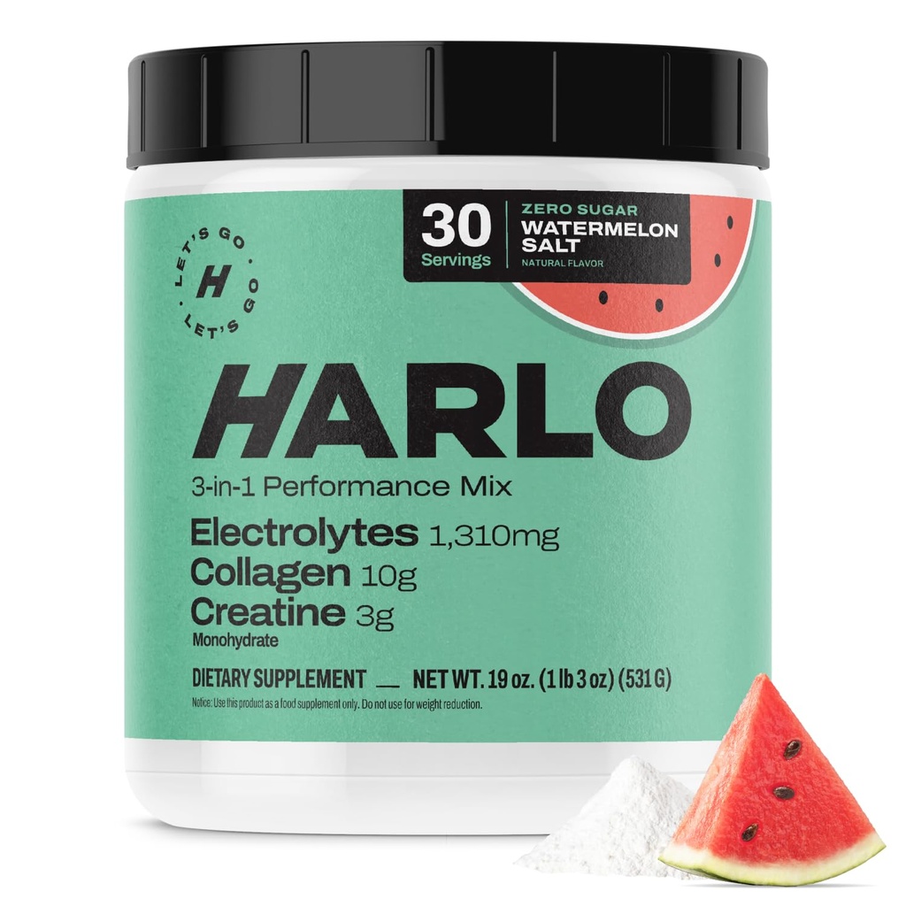 Harlo - Watermelon Salt Electrolyte Drink Mix w/Bovine Collagen & Creatiini - Creatiini Monohydraatti Powder - Energy Drink Powder - Pretreut Powder - Sokerittomia energiajuomat - Post Trenout Recovery