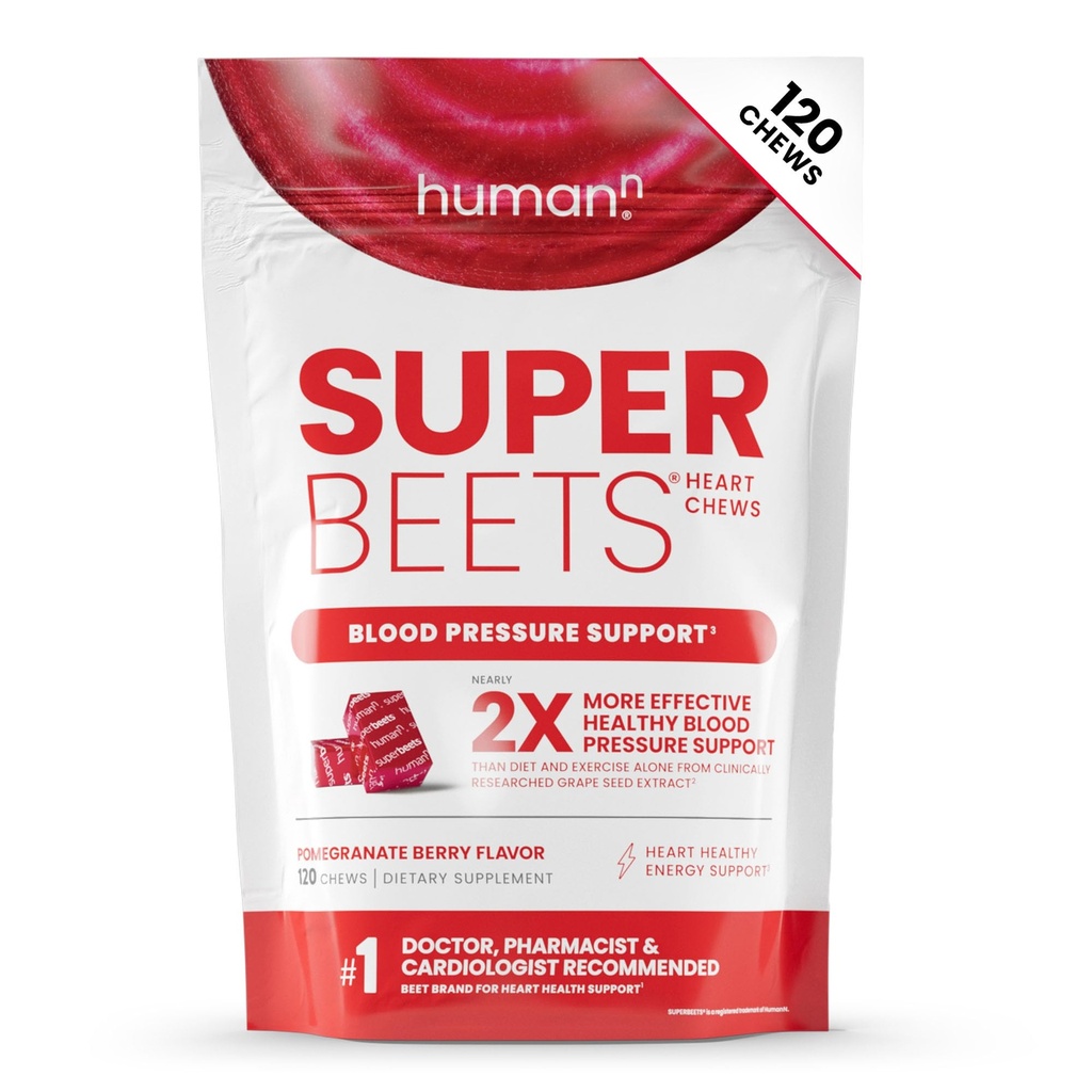 HumanN SuperBeets Heart Chews, Typpioksidin ja veren paineen tuki, Grape Seed Extract & non-GMO Beet Root Powder Energy, Pomegranaattimarjamaku, 120 Count