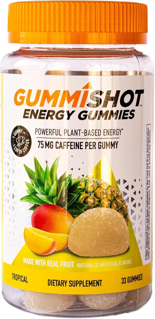 GummiShot Energy Gummies, 2475mg av växtbaserade koffein Chews per flaska, långvariga energiboosters, tropiska (33ct)