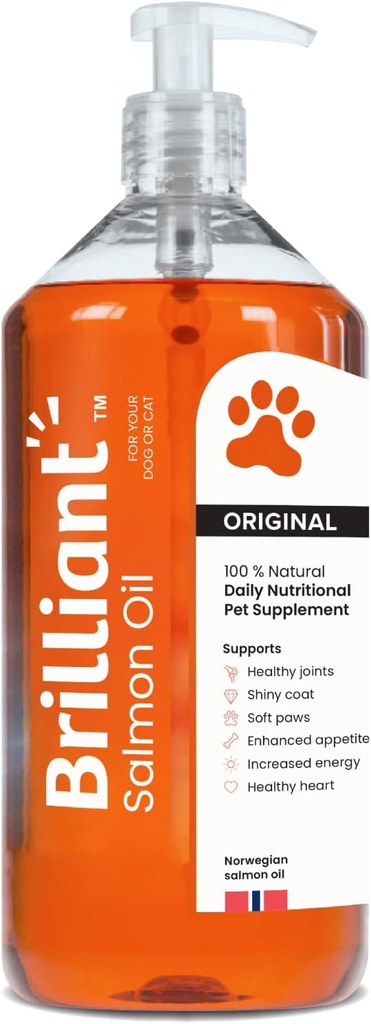 Brilliant laxolja för hundar, katter och valpar | Omega 3 Fiskolja Liquid Supplement med DHA, EPA Fatty Acids | Stöder hud och rock, Immune System & Joint Function | Hofseth BioCare (34oz)