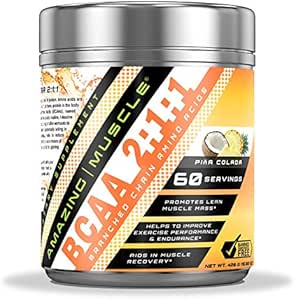Amazing Muscle BCAA 2:1:1 Branched Chain Amino Supplement | 6000 Mg Per Servering | Pina Colada Flavor | 60 portioner