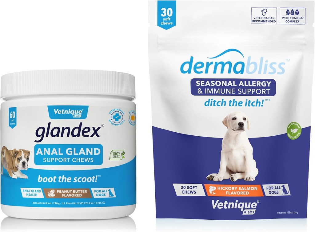 Vetnique Labs Dermabliss Allergia Chews 30 Ct ja Glandex Anal Gland tuki purut 60 Ct Bundle Dog Vitamiinit ja lisäravinteet, Anal Gland Dog käsittelee probiootit, koira Allergiat ihonhoito pehmeä Chew