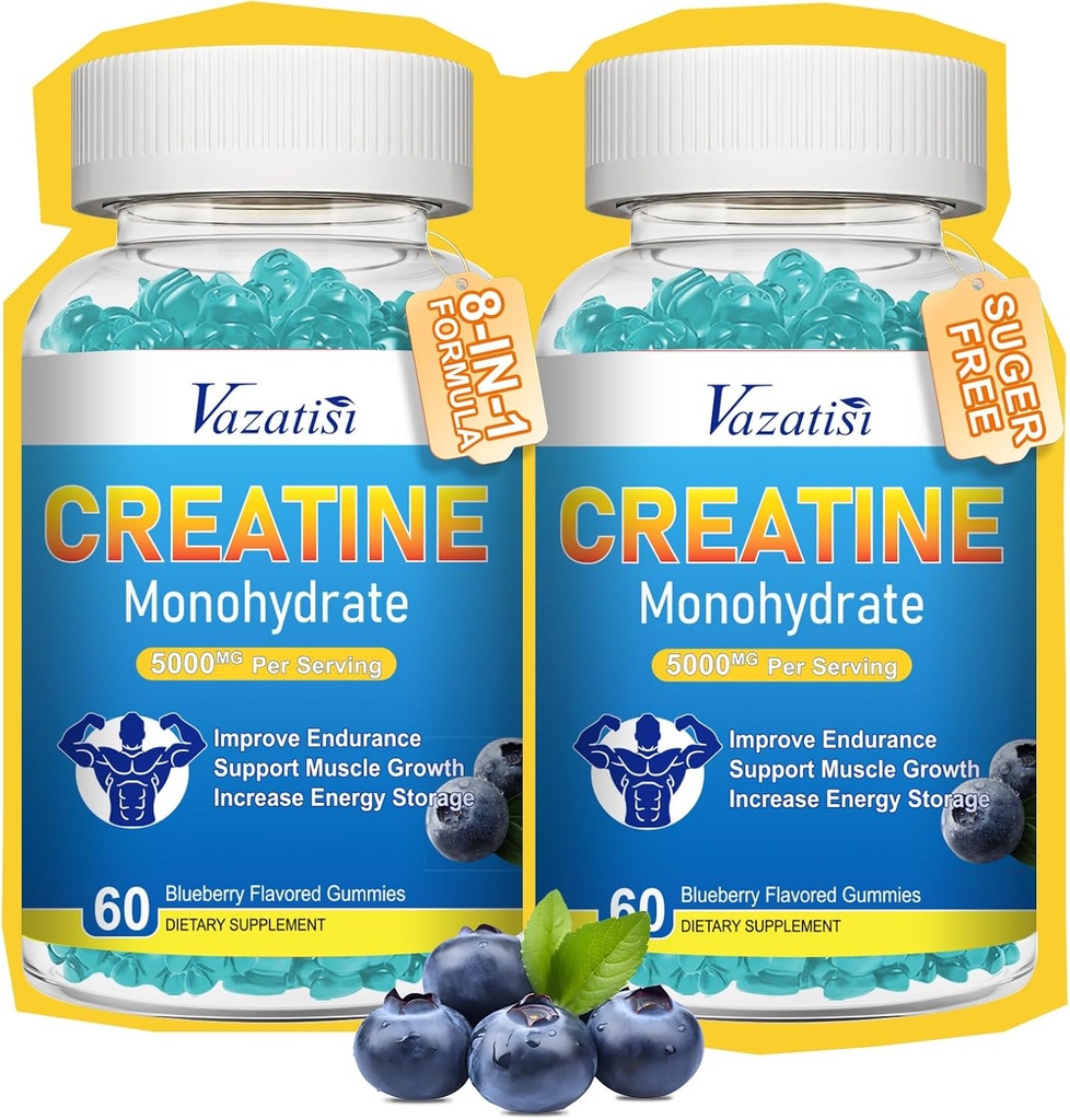 2 Pack Creatine Monohydrate Gummies för kvinnor och män, Sugar Free Vegan Creatine Supplement för byggmuskler, Öka energi och styrka, Blueberry Flavor, 120 Count