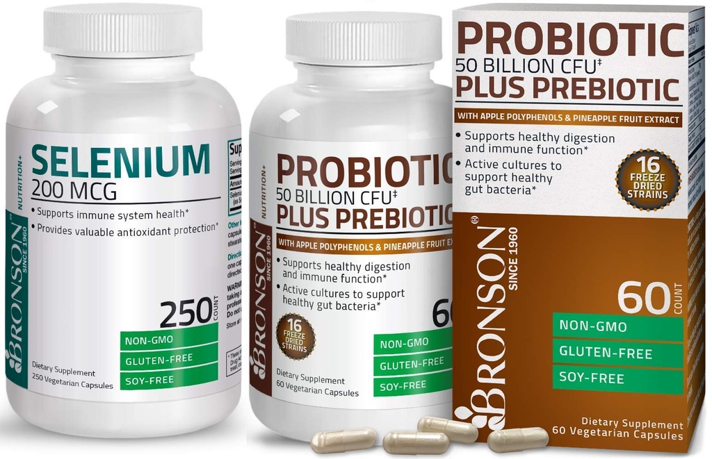 Bronson Probiotic 50 miljarder CFU + Prebiotic med Apple Polyphenols & Pineapple Fruit Extract + Selenium 200 Mcg för immunsystem, sköldkörtel, prostata och hjärthälsa