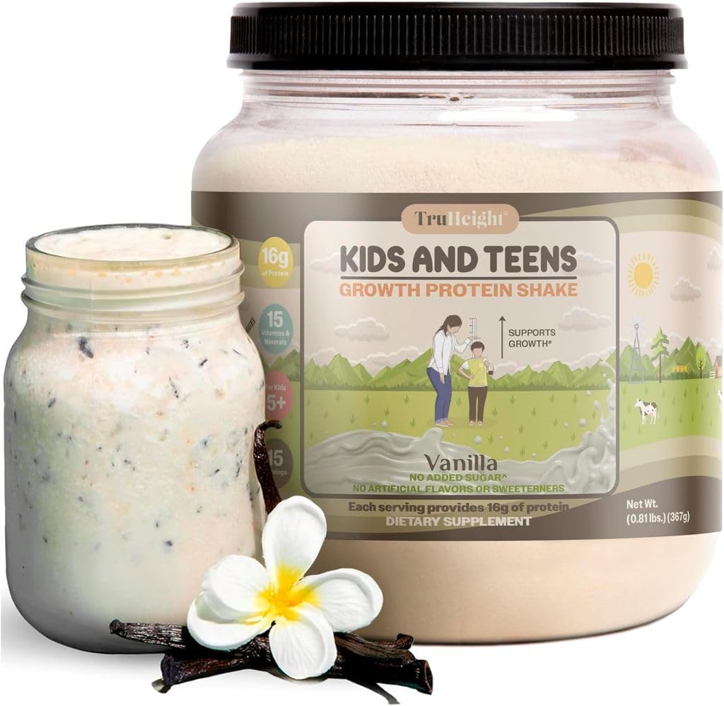 Truheight Growth Protein Shake (Vanilla Ice Cream Flavor, Whey) Kasvu & Development Protein Powder for Kids & Teens - Paino Gain Drinks - Additoinut lastenlääkärit, Picky Eater Vitamiini, ikä 4+