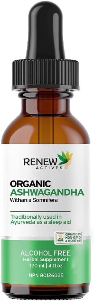 Renew Actives Organic Ashwagandha Liquid 220MG per 2 ml - Fast-Absorbing Formel för kognitiv funktion, minne, energi, stress, sömn och immun hälsa och mental klarhet - Tillverkad i Kanada - 120 ml