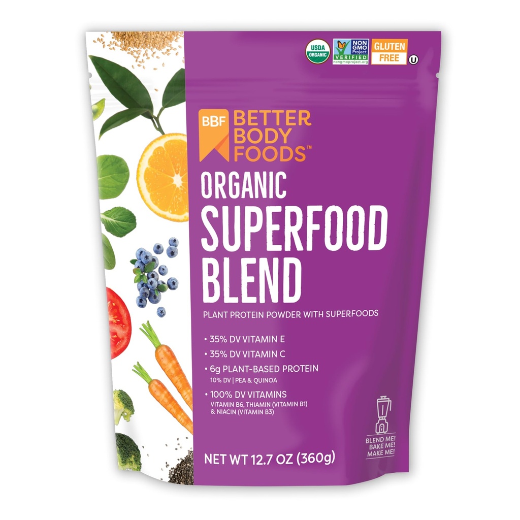 BetterBody Foods Organic Superfood Powder with Protein, Vitamiinit C, E ja B12 (12,7 oz.)
