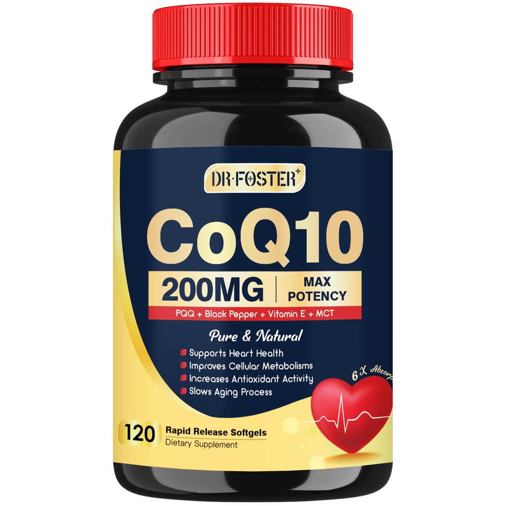 DRFOSTER Coq10 200mg, Coenzyme Q10 för antioxidant & energiproduktion, 6X Högre Absorption Cq10 med vitamin E & PQQ & Black Pepper Extract, Co q 10 Supplement 120 portioner