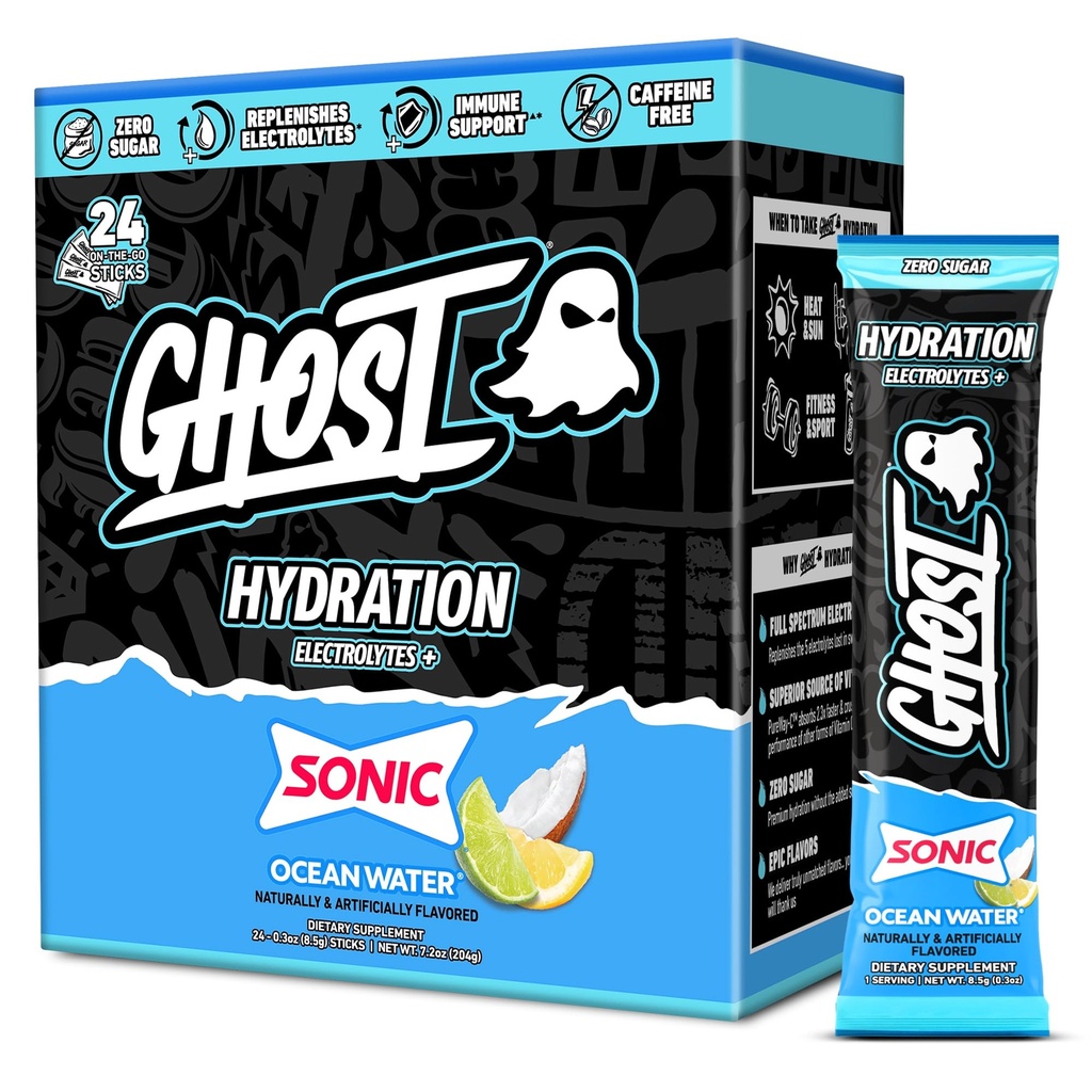 GHOST Hydration Packets, Sonic Ocean Water, 24 Sticks, Electrolyte Powder - Drink Mix Supplement med Magnesium, Kalcium, Vitamin C - Vegan, fri från Soja, Sugar & Gluten