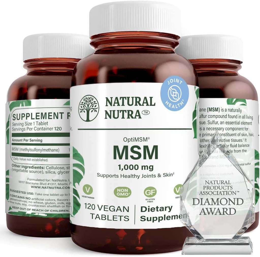 Natural Nutra OptiMSM, MSM täydentää rikki, estää ohuthiukset, lisätä nivelten joustavuutta ja luun terveyttä, Cartilage Health, auttaa tukemaan nestetasapaino, 1000 mg, (120) Vegan tabletit