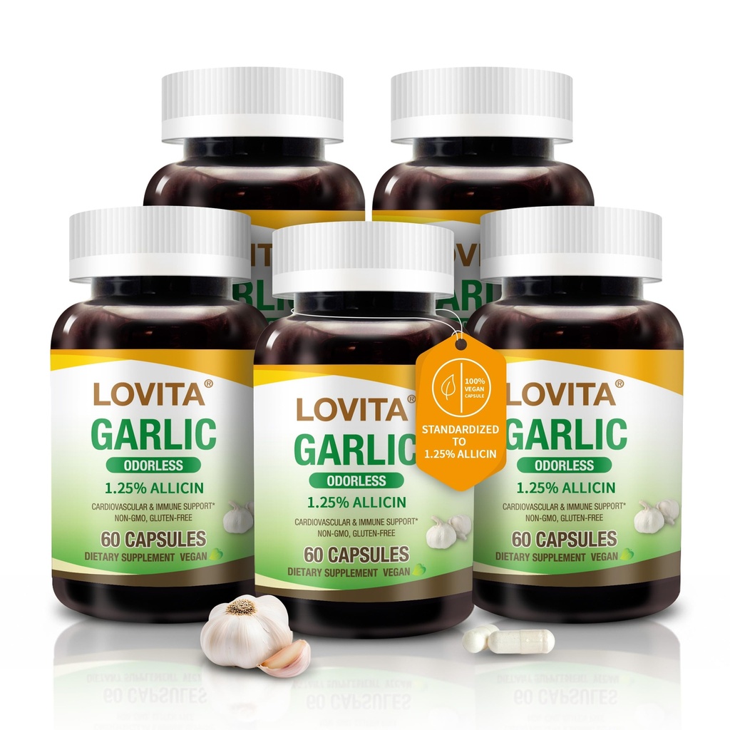 Lovita Odorless Valkosipulikapselit, 5000 mg Tuore valkosipuliekvivalentti, 1,25% Allicin Extract, tukee sydäntä, verenpainetta, kolesterolia ja immuunijärjestelmää, ei- gammaglutamaatti, 300 vegaanista kapselia