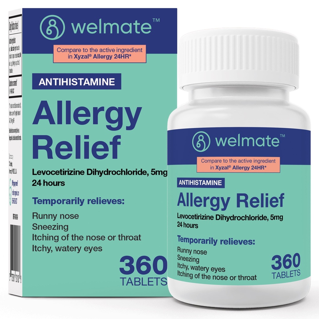 WELMATE - Levocetirizin Dihydrochloride 5mg (360 ct) - Non Drowsy Allergy Medicine - 24 timmar - Antihistamin - Generiska allergipiller - Over-The-Counter Medication