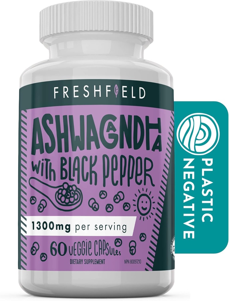 Freshfield Ashwagandha Black Pepper. Vegaani ystävällinen täydentää lisämunuaisten väsymys tukea, lihasmuistia, kilpirauhasen ja vahvuus. Kaikki luonnolliset 1300mg kapselit