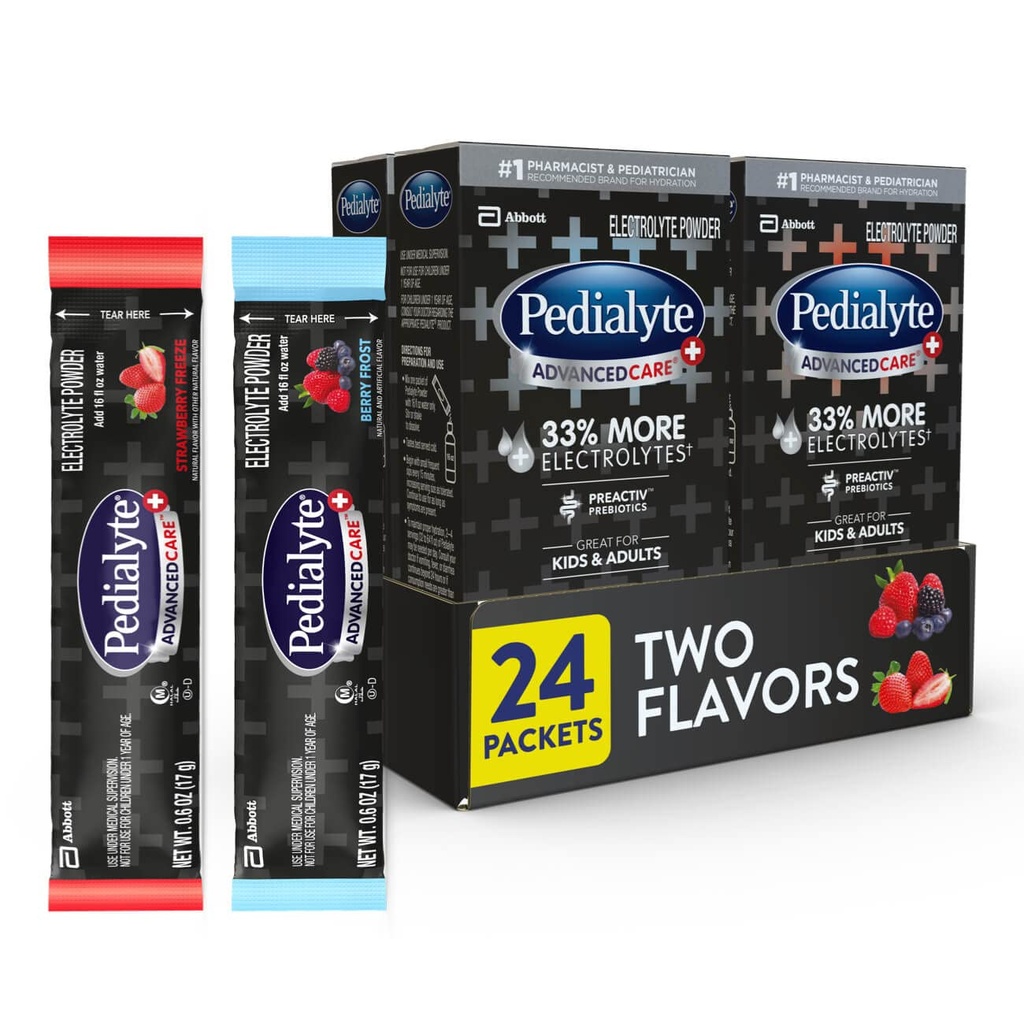 Pedialyte AdvancedCare Plus Electrolyte Powder, har 33% mer elektrolyter och PreActiv Prebiotics, Variety Pack: Berry Frost och Strawberry Freeze, 24 Powder Packets