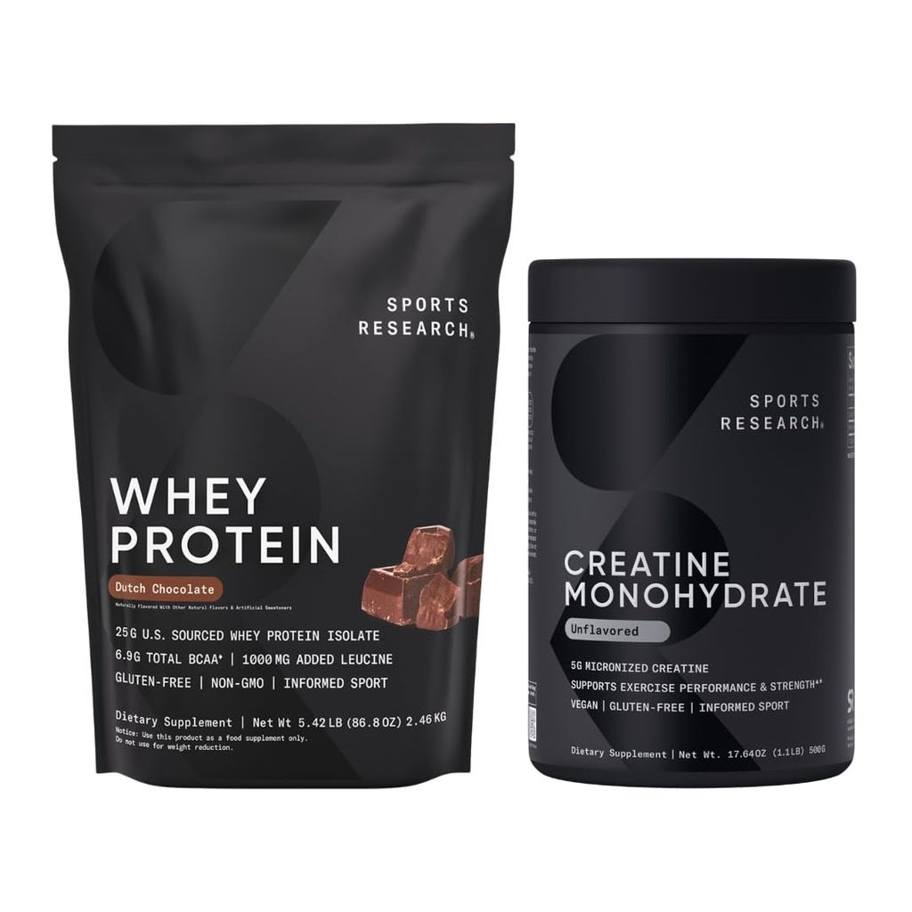 Sports Research® Creatine Monohydrate (1.1 LBS) och nederländsk Chocolate Whey Protein (5,42 LBS), Dynamic Duo för Lean Muscle Building, förbättrad prestanda och styrka och träningsåterställning